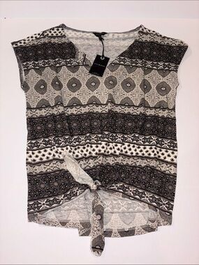 LUCKY BRAND Women's Black & White Boho Tie-Front Top